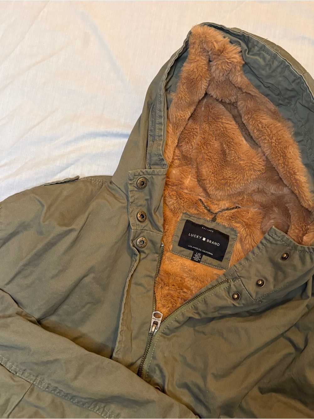 Lucky Brand Women’s Olive Green Hooded Faux-Fur Lined Jacket